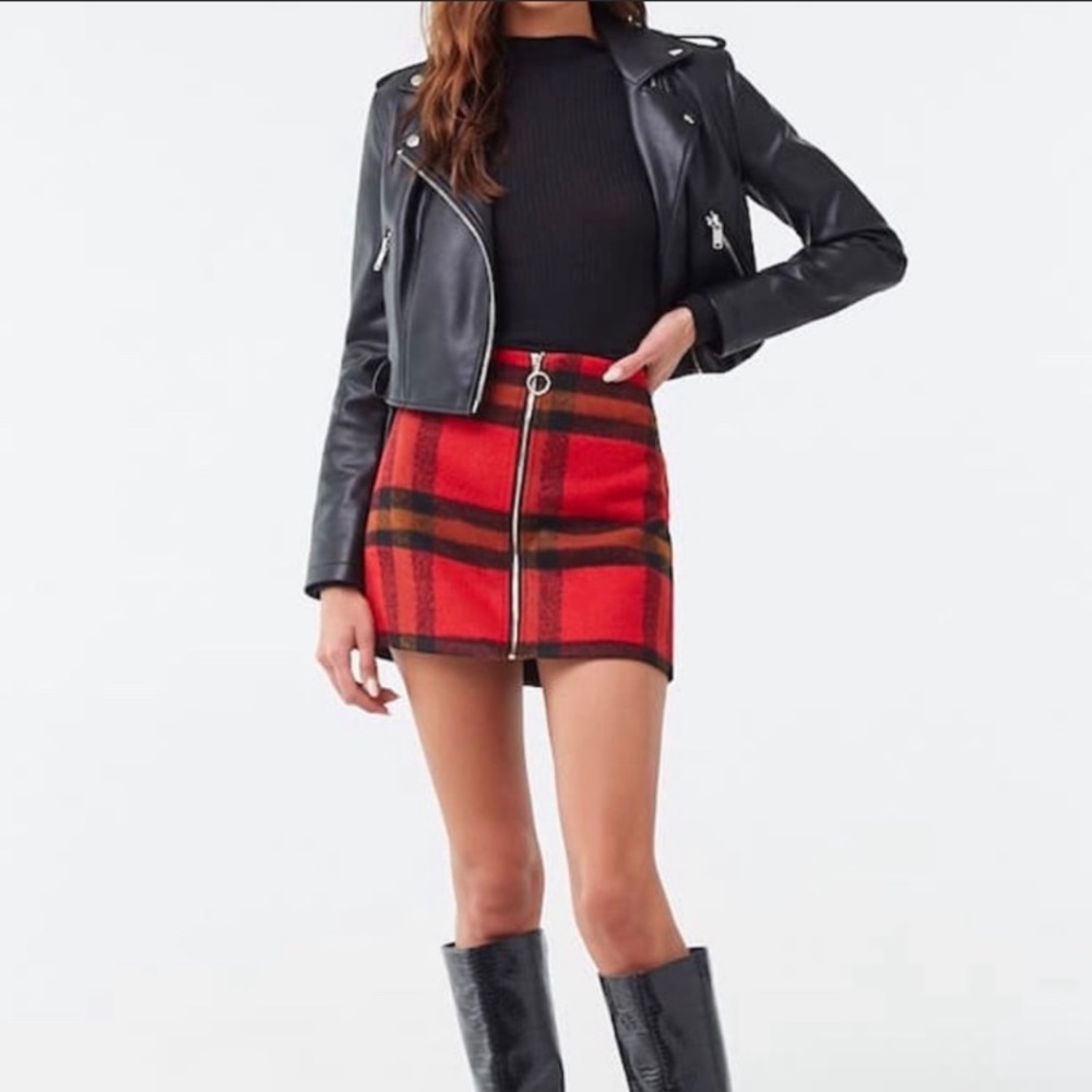 Red Tartan Plaid Silver Zippered Skirt Forever 21